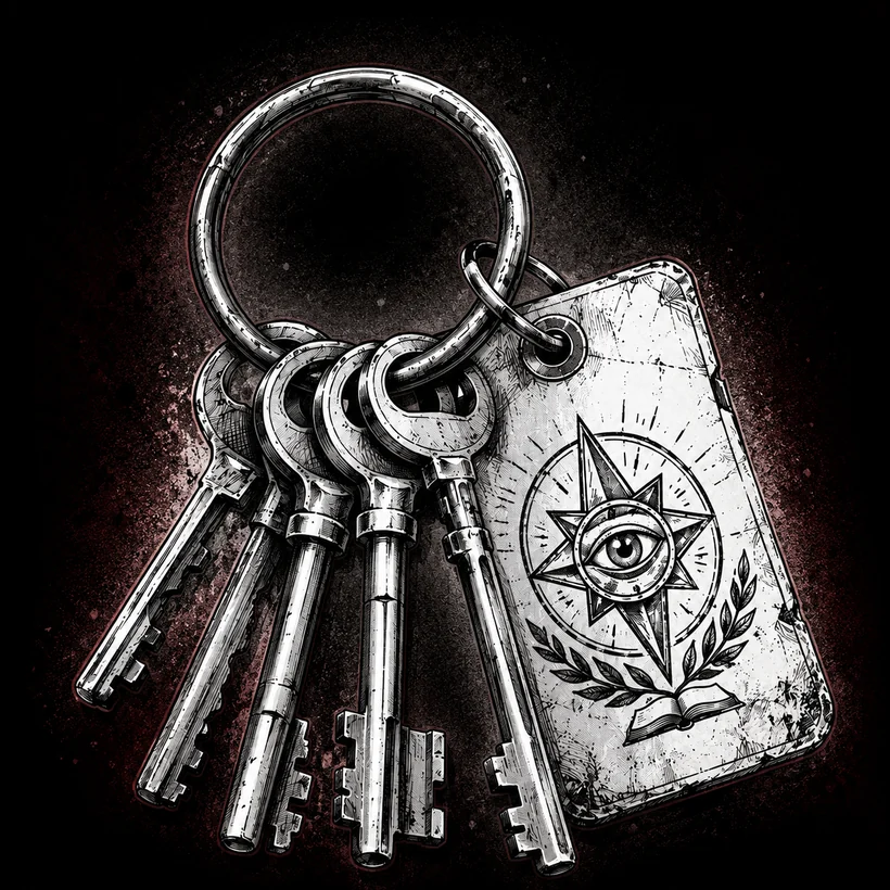 Old school keys with a symbolic staff tag