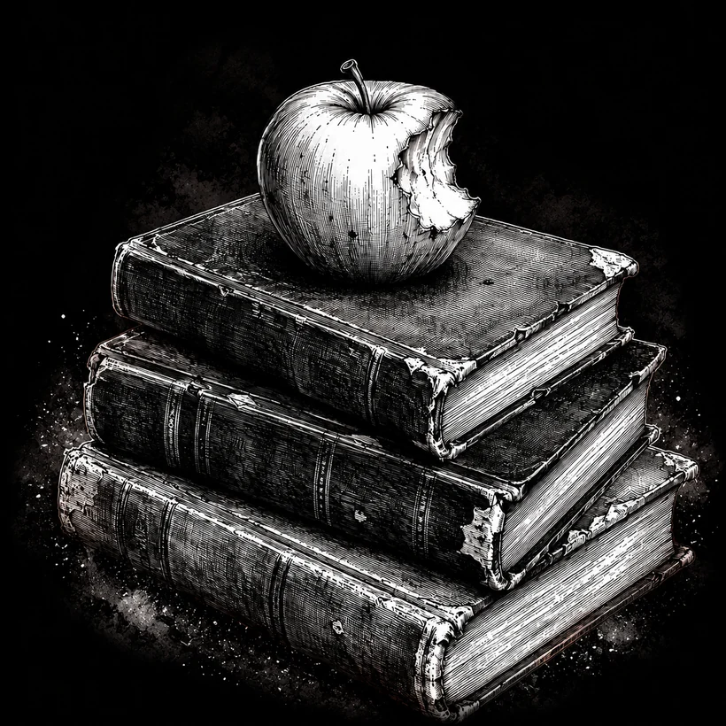 A stack of worn books topped with a bitten apple